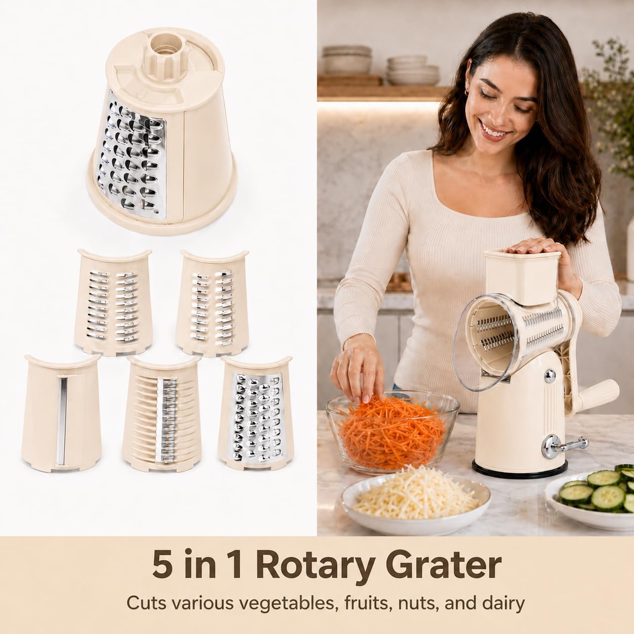 5 in 1 Rotary Cheese Grater with Hand Crank, 5 Replaceable Blades, Strong Suction Base, Multi-Functional Vegetable Slicer Shredder Chopper with Blade Storage Box for Fruit Vegetables Nuts(Green)