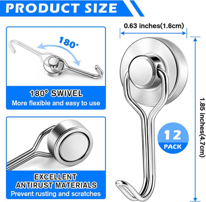 Measuring Cup and Spoon Organizer, 12 Pack 30lbs Strong Magnetic Hooks Hanging Cups and Spoons, Magnetic Kitchen Hooks Utensil Hanger Holder for Refrigerator, Cruise Cabins, Garage Silver