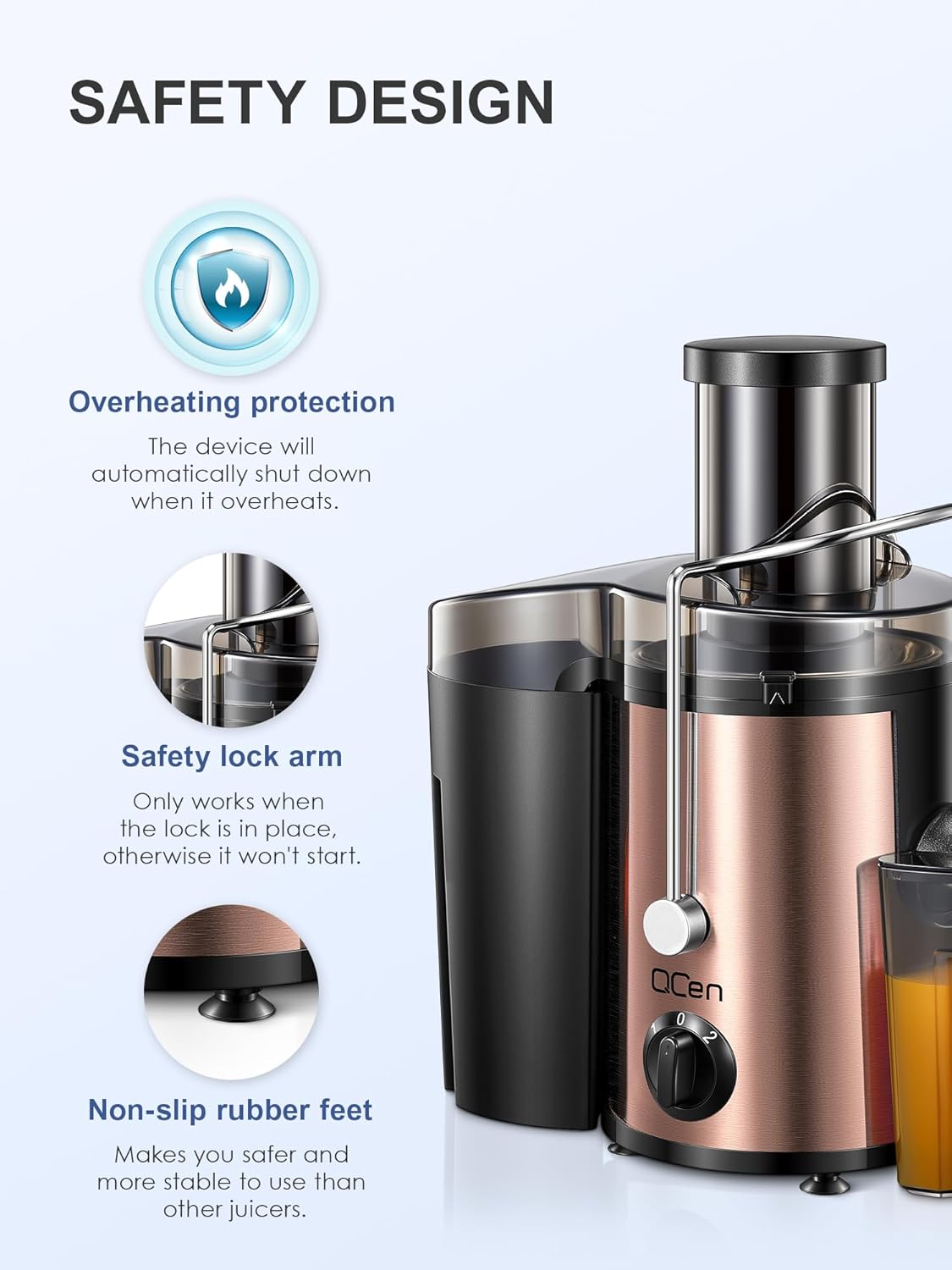 Qcen Juicer Machine, 500W Centrifugal Juicer Extractor with Wide Mouth 3” Feed Chute for Fruit Vegetable, Easy to Clean, Stainless Steel, BPA-free (Black)