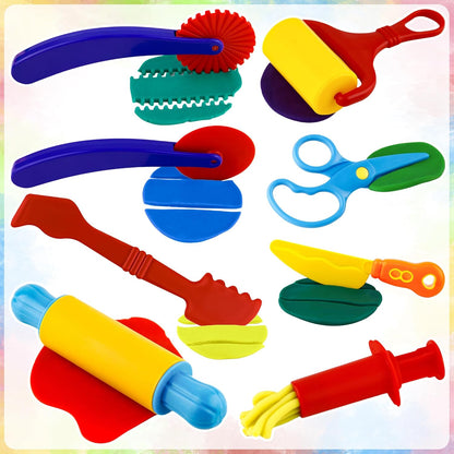 Dough Play Tool Kit for Kids, 9 PCS Basic Dough Starter Set with Pizza Cutter, Safety Scissors, Rolling Pin, Roller, Extruder, Plastic Scraper, Knife