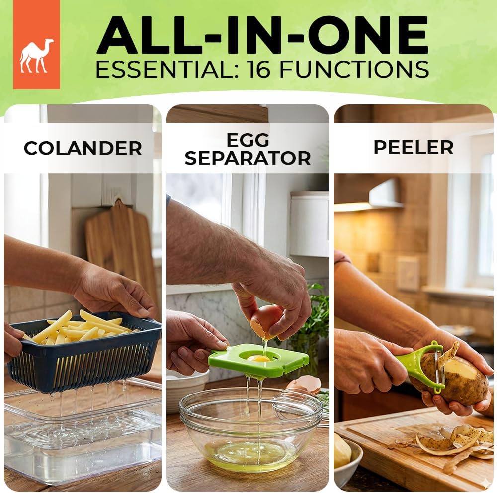 Grazie 16-in-1 Vegetable Chopper with Container – Multifunctional Food Cutter, Dicer, Slicer, Grater, Peeler – Essential Kitchen Gadget for Veggies, Fruits & Salad, Easy & No-Mess Meal Prep, Gray
