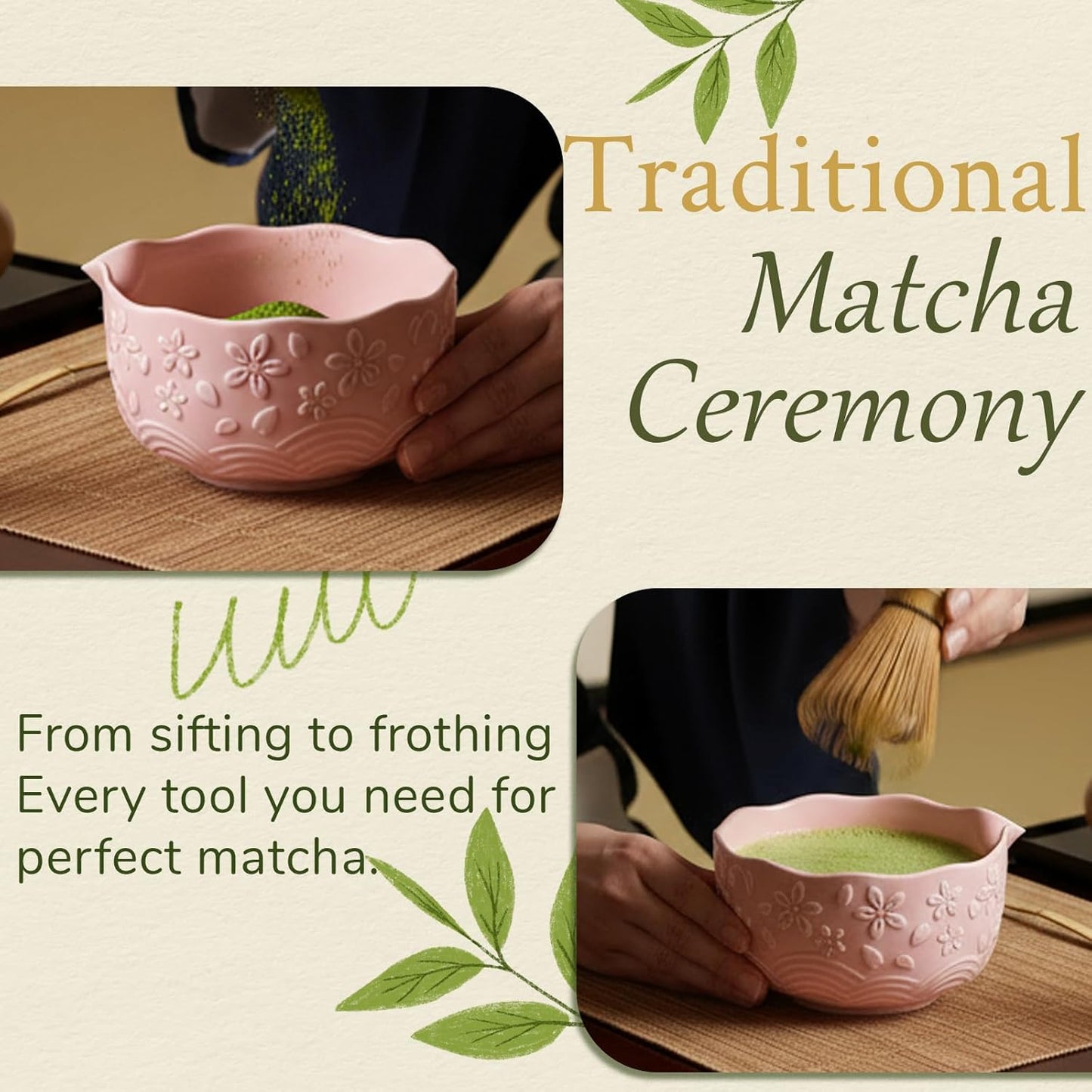 8 Pcs Matcha Whisk Set Chasen Matcha Whisk Bamboo Bowl with Spout Sifter Spoon Scoop Whisk Holder Bamboo Mat Complete Matcha Making Kit (Red Petal)