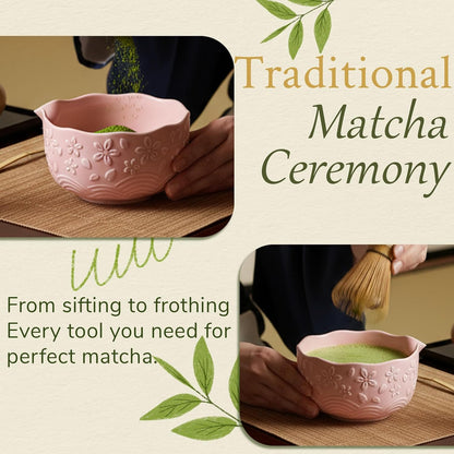 8 Pcs Matcha Whisk Set Chasen Matcha Whisk Bamboo Bowl with Spout Sifter Spoon Scoop Whisk Holder Bamboo Mat Complete Matcha Making Kit (Red Petal)