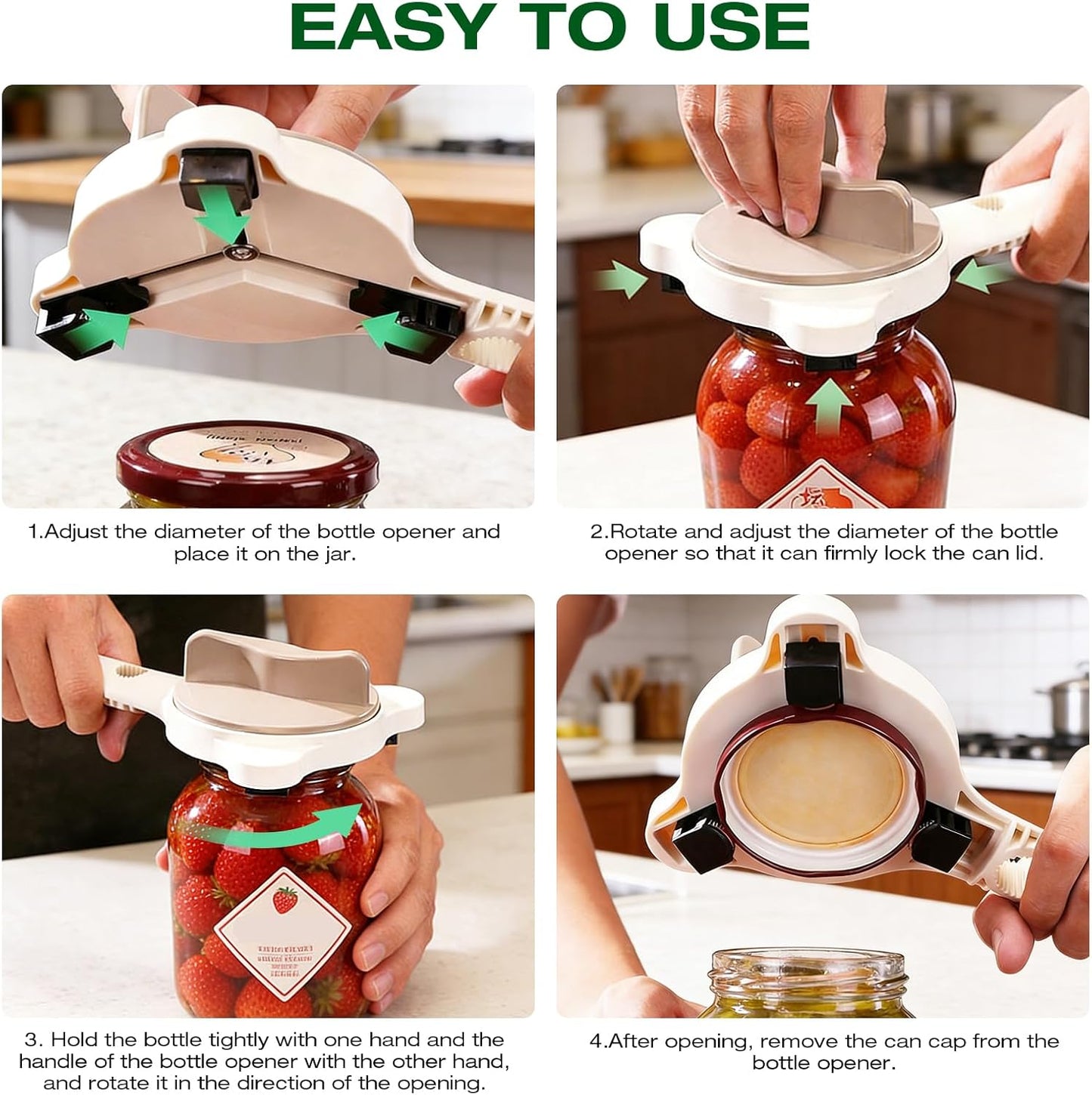 RAIN SPIRIT Adjustable Jar Opener for Seniors & Weak Hands – Ergonomic Manual Bottle Cap Opener for Small to Large Lids (1"-3.5") – Multifunction Kitchen Tool for Arthritic Hands, Beer, Sauces & Jars