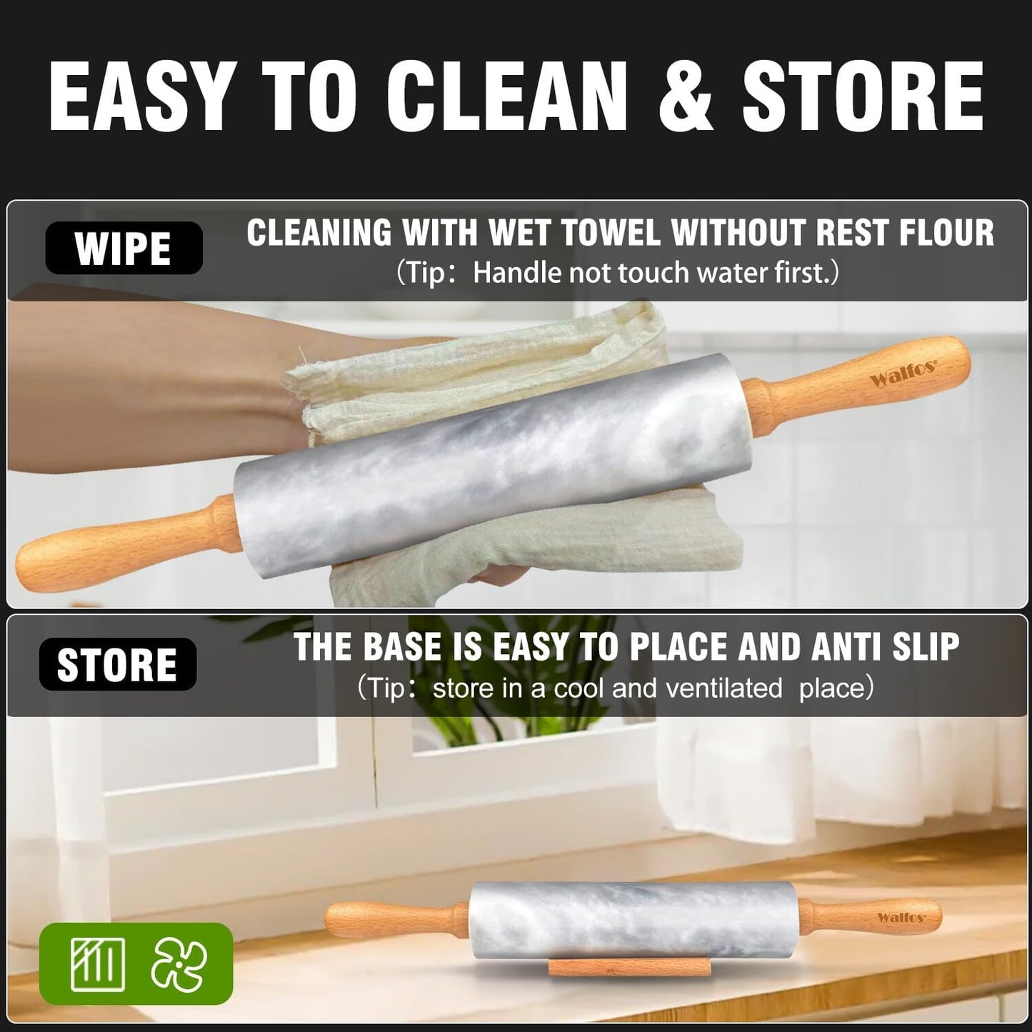 WALFOS French Rolling Pin and Silicone Baking Mat Set, Non-Stick Beech Wood Rolling Pin 15.7 Inch and Pastry Mat for Best Pie Crust, Cookie, Pasta and Pizza Dough