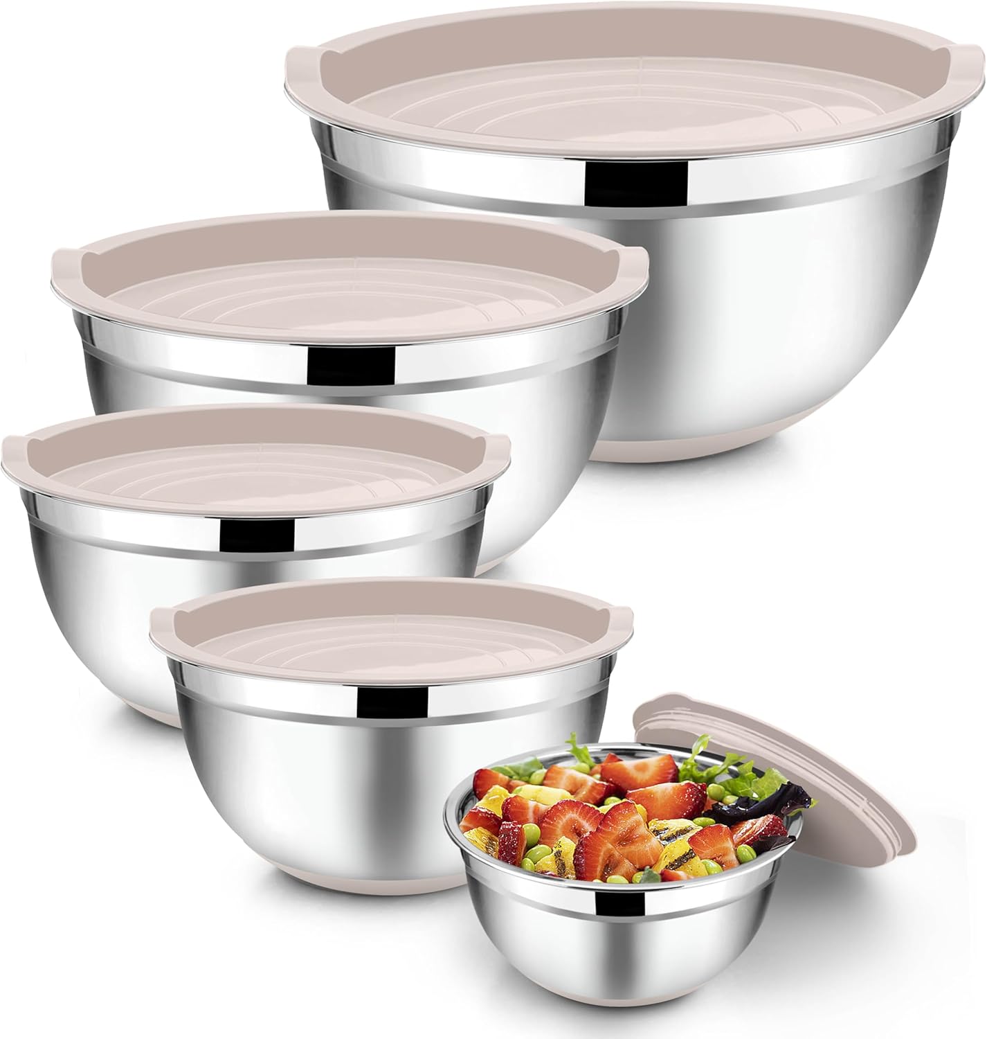 TeamFar Mixing Bowls with Lids Set, 7/3.5/2.5/1.5/1 QT, Stainless Steel Large Red Nesting Metal Salad Mixing Bowl Set of 5, Healthy & Easy Clean, Airtight Lid & Non-slip Bottom
