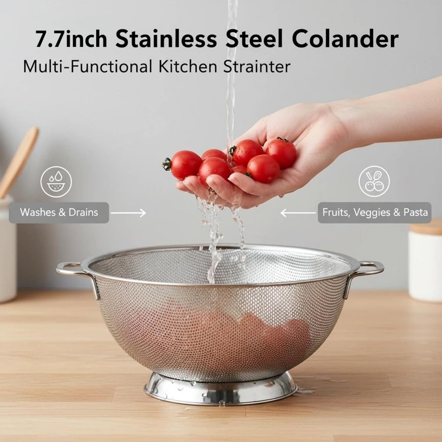 Stainless Steel Colander for Kitchen: Pasta & Vegetable Fruit Strainer Fine Mesh Colander with Dual Handles Non-Slip Base Large Strainer for Cooking