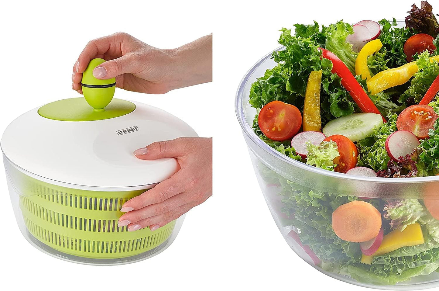 Leifheit Trend Green and White Salad Spinner, 4L Crank-Handle Salad Dryer with Non-Slip Base, Ergonomic Recessed Grip, Dual-Use Bowl for Serving or Draining, Dishwasher Safe Kitchen Tool