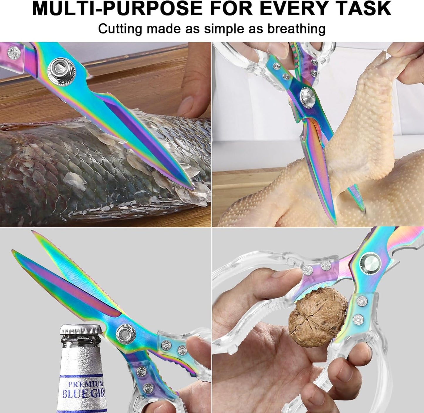 CGBE Kitchen Scissors, Multi-Purpose Kitchen Shears, Heavy Duty Dishwasher Safe Food Scissors for Chicken, Poultry, Fish, Meat & Herbs with Non-Slip Grips - Sliver