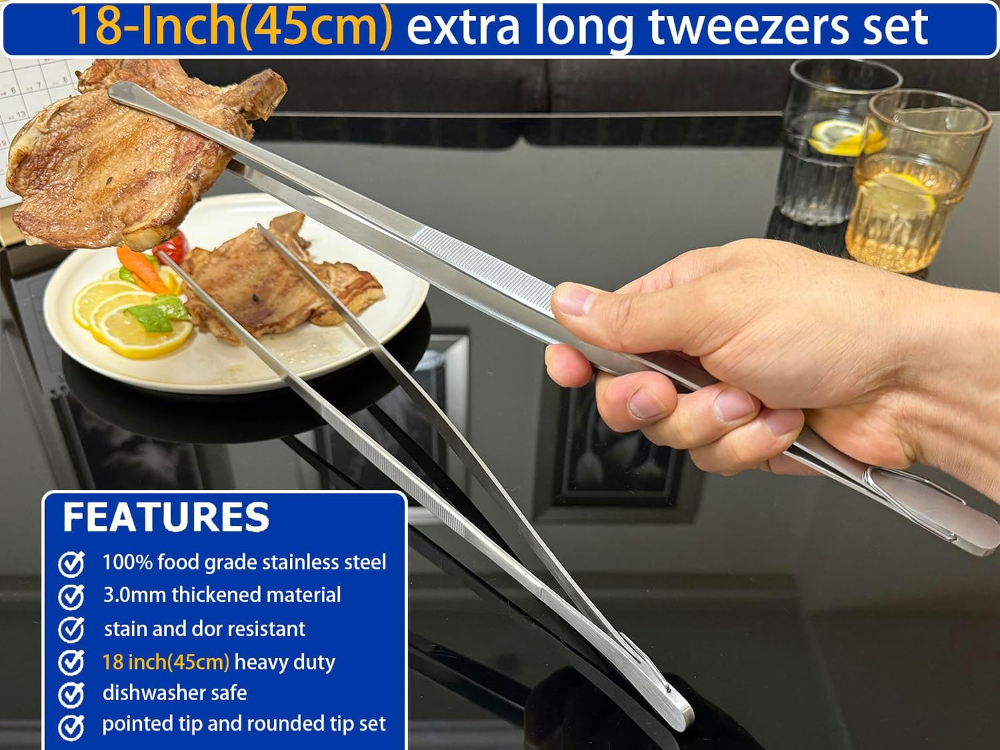 JETKONG 2 Pcs 12-Inch Kitchen Tweezers Fine Tweezer Tongs, Extra-Long Stainless Steel Cooking Tweezers (Silver)