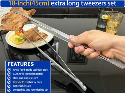 JETKONG 2 Pcs 12-Inch Kitchen Tweezers Fine Tweezer Tongs, Extra-Long Stainless Steel Cooking Tweezers (Silver)