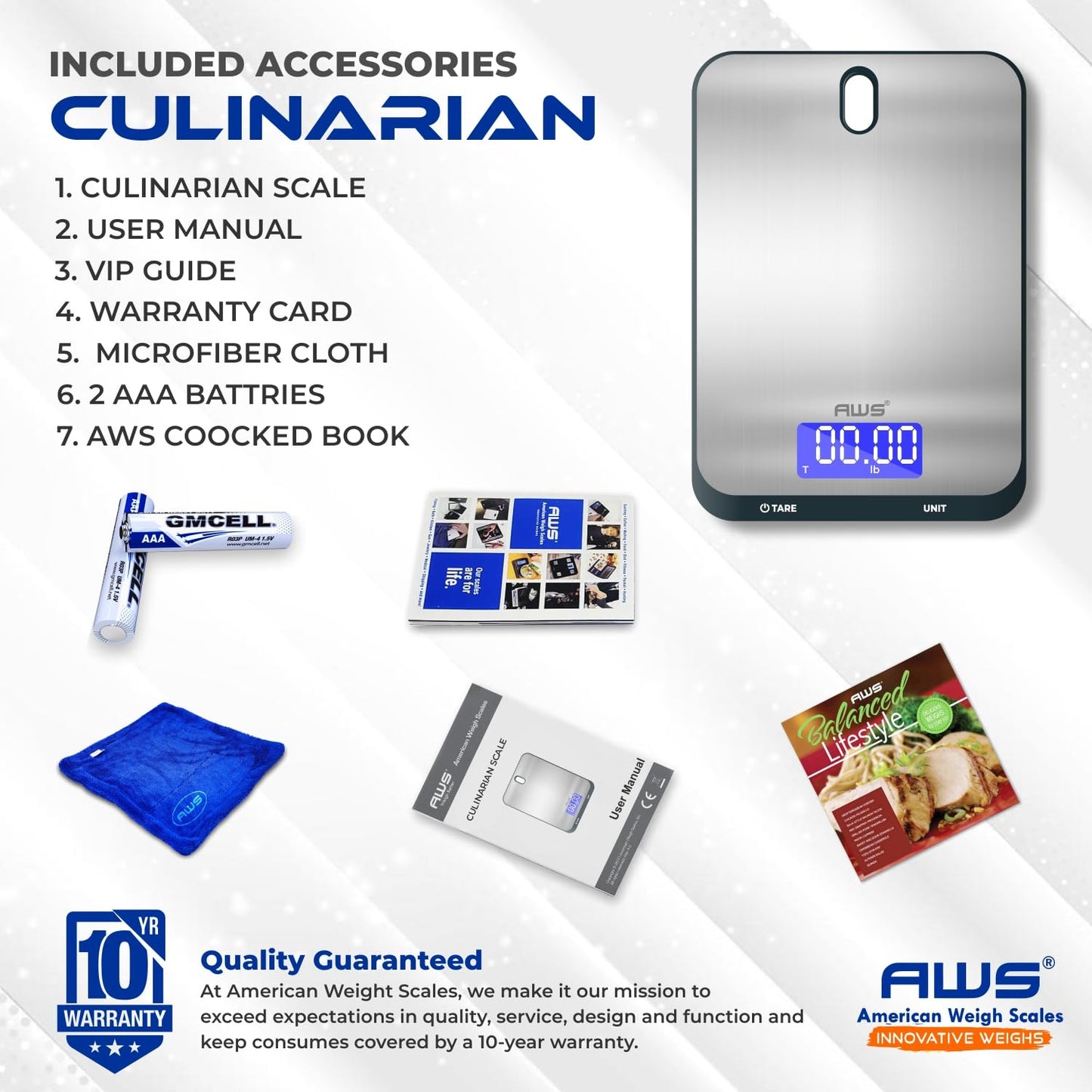 AWS Culinarian Digital Kitchen Cooking Baking Food Scale 22lb x 0.1oz | Stainless Steel with Tare, Touch Buttons, Water-Resistant Surface | Milk/Water mL Mode, Thin Design & Backlit Display