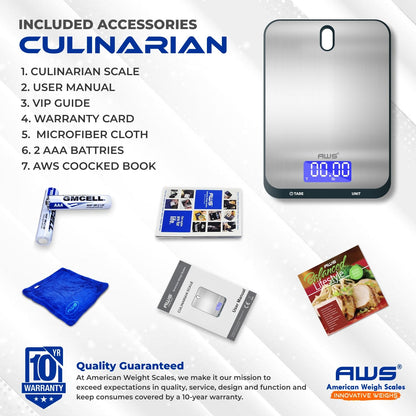 AWS Culinarian Digital Kitchen Cooking Baking Food Scale 22lb x 0.1oz | Stainless Steel with Tare, Touch Buttons, Water-Resistant Surface | Milk/Water mL Mode, Thin Design & Backlit Display