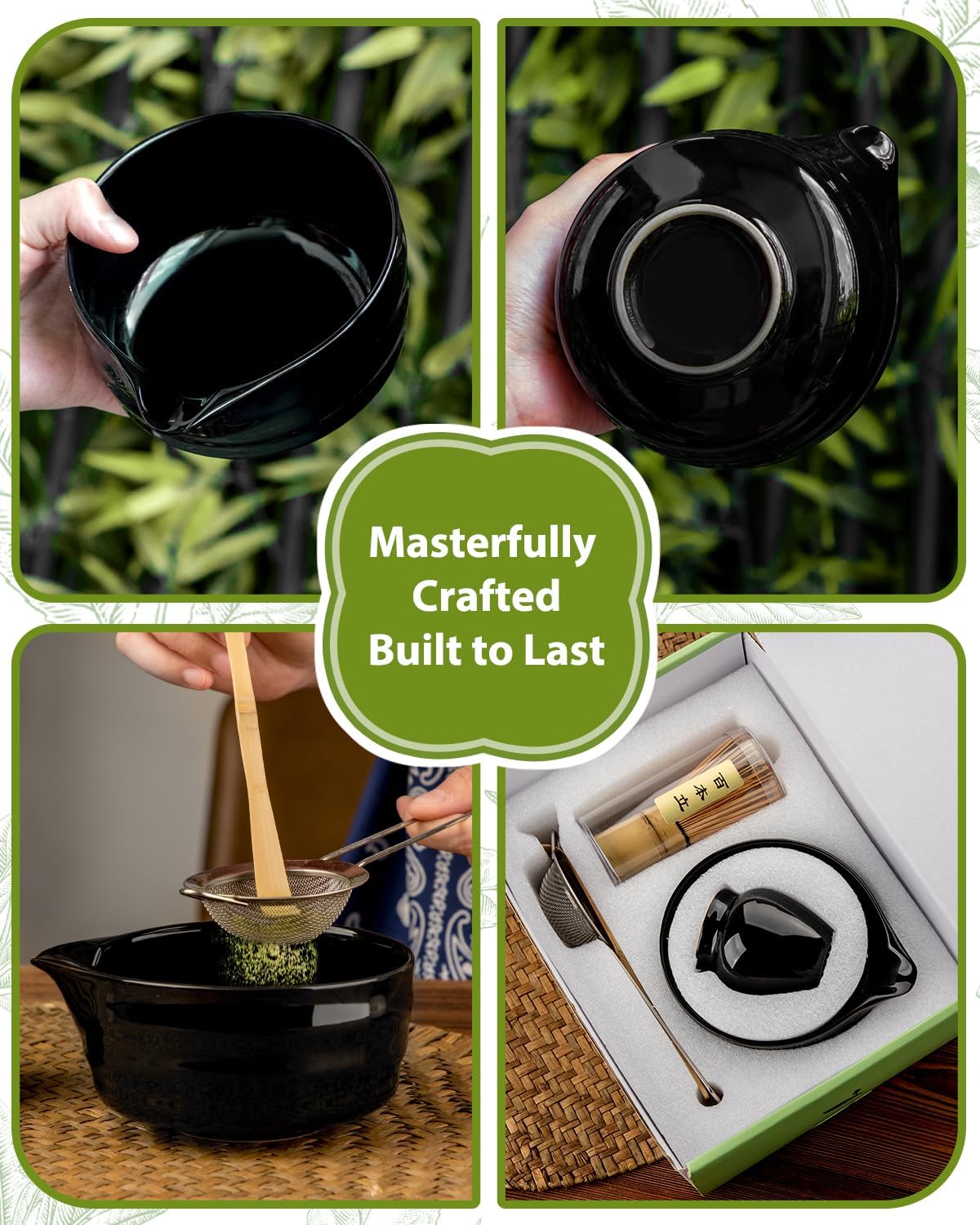 Matcha Whisk Set - 5PCS Matcha Set Includes 17OZ Chawan with Spout, Bamboo Chasen Whisk with Ceramic Holder, Matcha Scoop and Stainless Sifter, Matcha Kit for Ceremony, Gift for Matcha Lovers