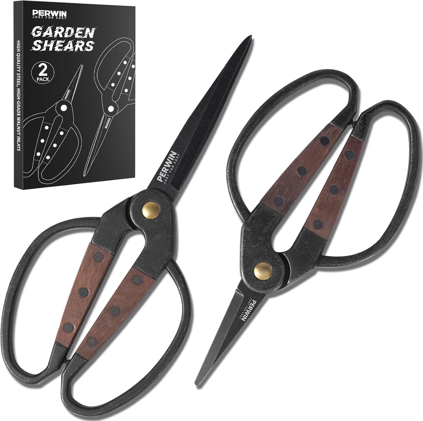 PERWIN Garden Flower Bonsai Scissors 2 Pcs Walnut Wide Handles Pruning Gardening Scissors Floral Shears for Gardening,Succulent Harvest, and Precision Plant Trimming Care
