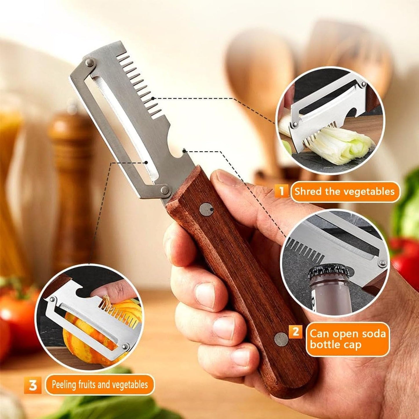 2026 Upgrade Multi-Functional Vegetable Peeler, 3 in 1 Multi Functional Wooden Handle Peeler and Bottle Opener, Kitchen Gadgets Tool for Fruit Pumpkin Peeling Potato Carrot Veggie Peeler (1)