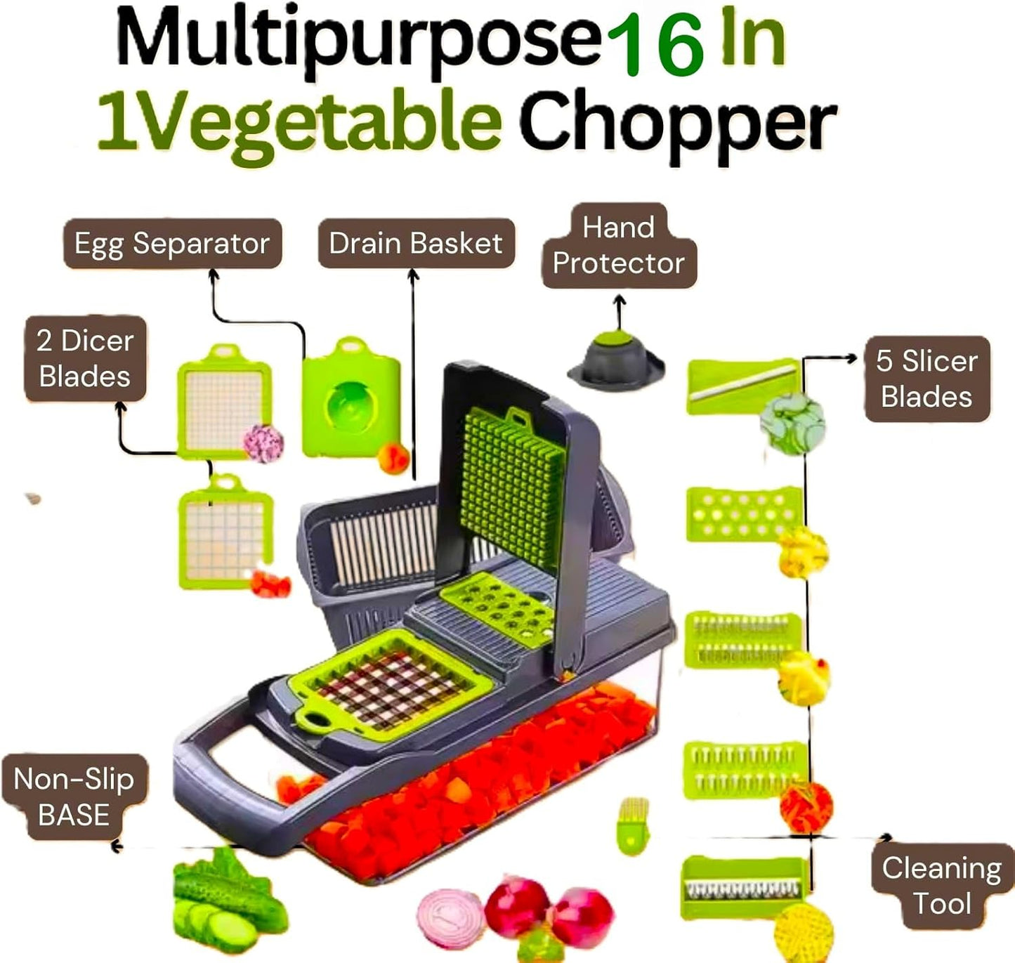 16-in-1 Mandoline Veggie Chopper dicer Cutter Slicer Julienne Slicer Salad Maker Multifuctional Vegetable chopper Cheese Grater Food Prep Tool Kitchen Gadget 8 interchangeble blades