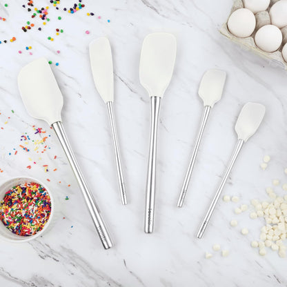 Tovolo Stainless Steel Handled Silicone Spatula Set of 5 White, Dishwasher Safe Kitchen Spatula Set for Cooking Baking, Non Toxic BPA Free Silicone Spatula set with Metal Steel Handle