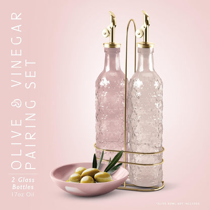 COOK WITH COLOR Glass Olive Oil Bottle Dispenser - 2 Pack- 17oz Oil and Vinegar Cruet - Olive Oil Carafe Decanter for Kitchen, Elegant Waves, Clear