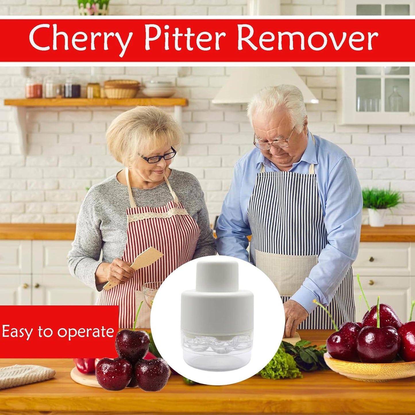 Cherry Pitter Tool,7-Hole Adjustable Fruit Seed Remover with Push-Down Design, Portable for Kitchen, Bakery & Fruit (White)