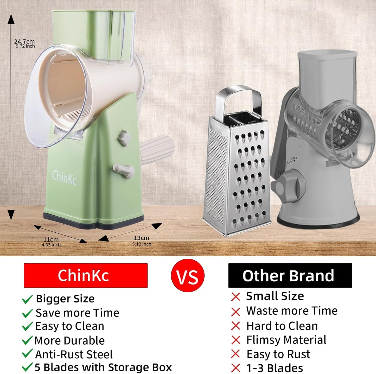 Upgrade Rotary Cheese Grater Shredder with Handle, Strong Suction Base, Multi-purpose Rotary Grater Slicer with 5 Interchangeable Blades for Ice, Vegetables, Fruit, Nuts with Blade Storage Box