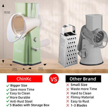 Upgrade Rotary Cheese Grater Shredder with Handle, Strong Suction Base, Multi-purpose Rotary Grater Slicer with 5 Interchangeable Blades for Ice, Vegetables, Fruit, Nuts with Blade Storage Box