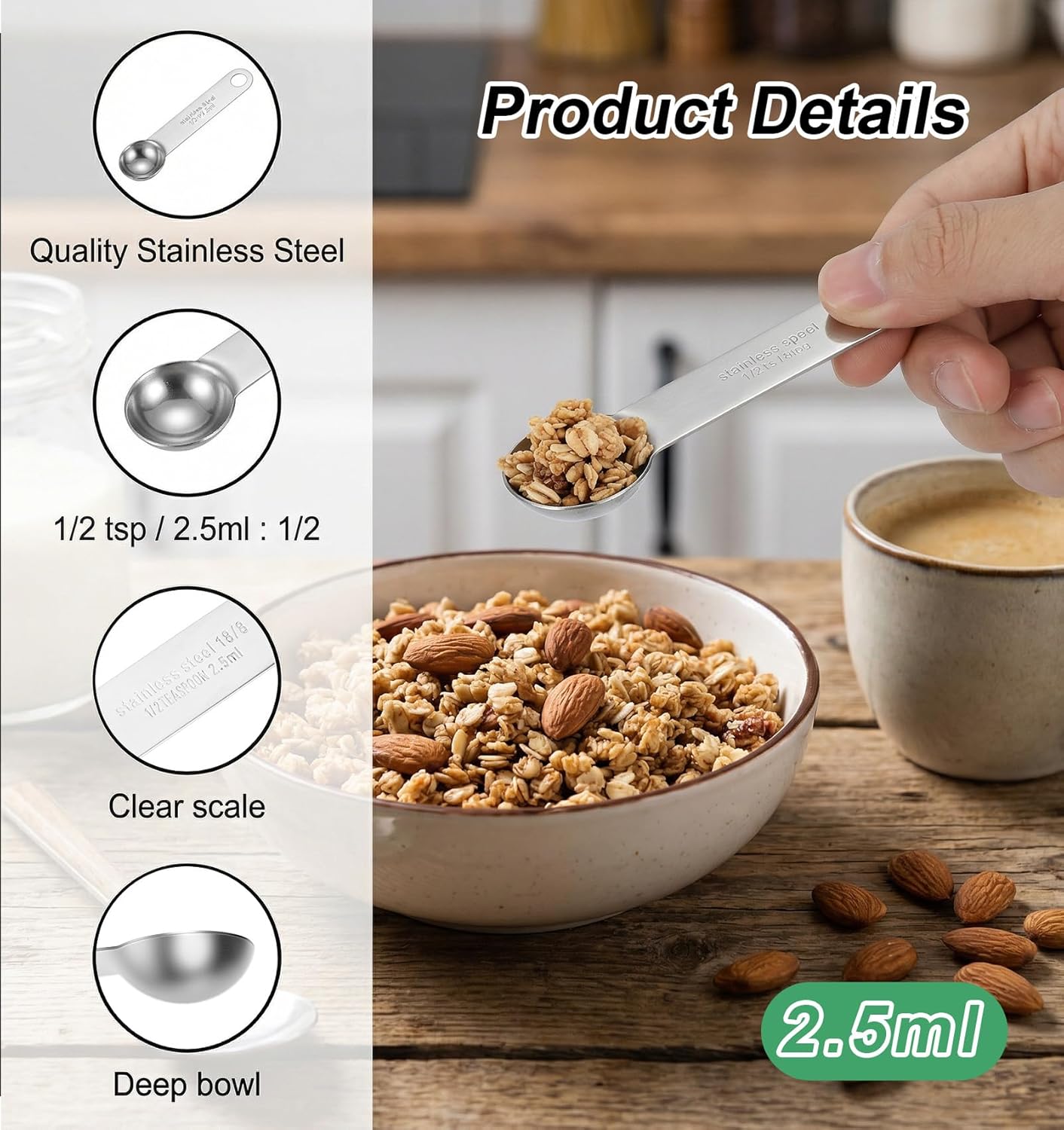 3 PCS 1/2 Teaspoon Measuring Spoon, 4 X 1 Inch 1/2 Teaspoon Scoop Stainless Steel Set for Kitchen Ingredients (Silver, 2.5ml)
