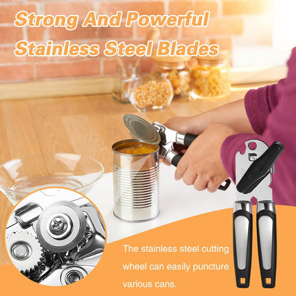 Manual Can Opener With Stainless Steel Cutting Wheel，Smooth Edge Can Opener Heavy Duty and Bottle Openers Easy to Use, Soft Comfortable Handle, Multifunctional Can Opener Tool, Black