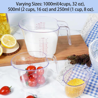 3 Pack Measuring Cup Set, Includes 250Ml (1-Cup), 500Ml (2-Cup) and 1000Ml (4-Cup) Plastic Liquid Measuring Cups- Baking, Cooking, Mixing & Measuring Cups, Essential Kitchen Tools