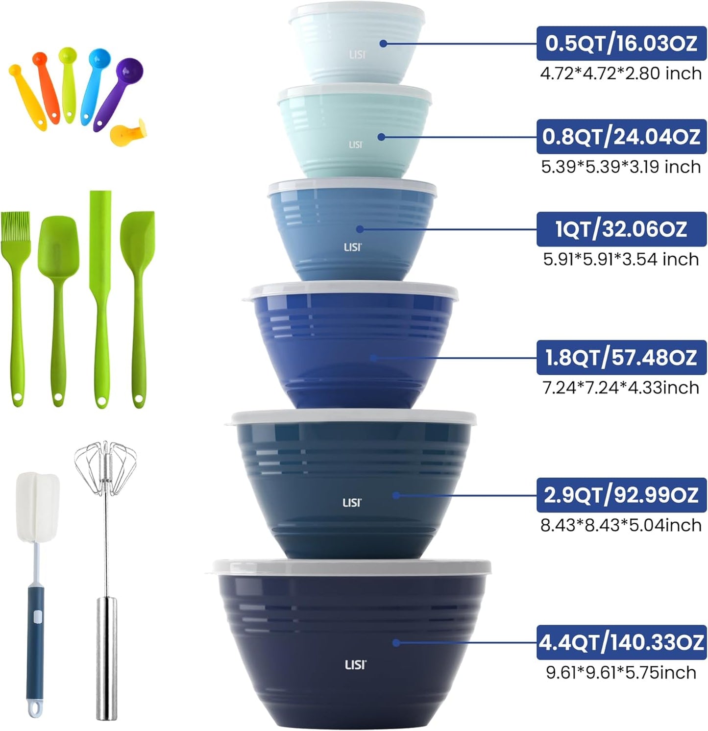 LISI 23Pcs Mixing Bowls Set with Lids, Airtight BPA-Free Nesting Bowls for Mixing, Baking, Cooking & Storage, Dishwasher Safe Serving Bowl, Includes Spatula, Spoons, Brush & Whisk