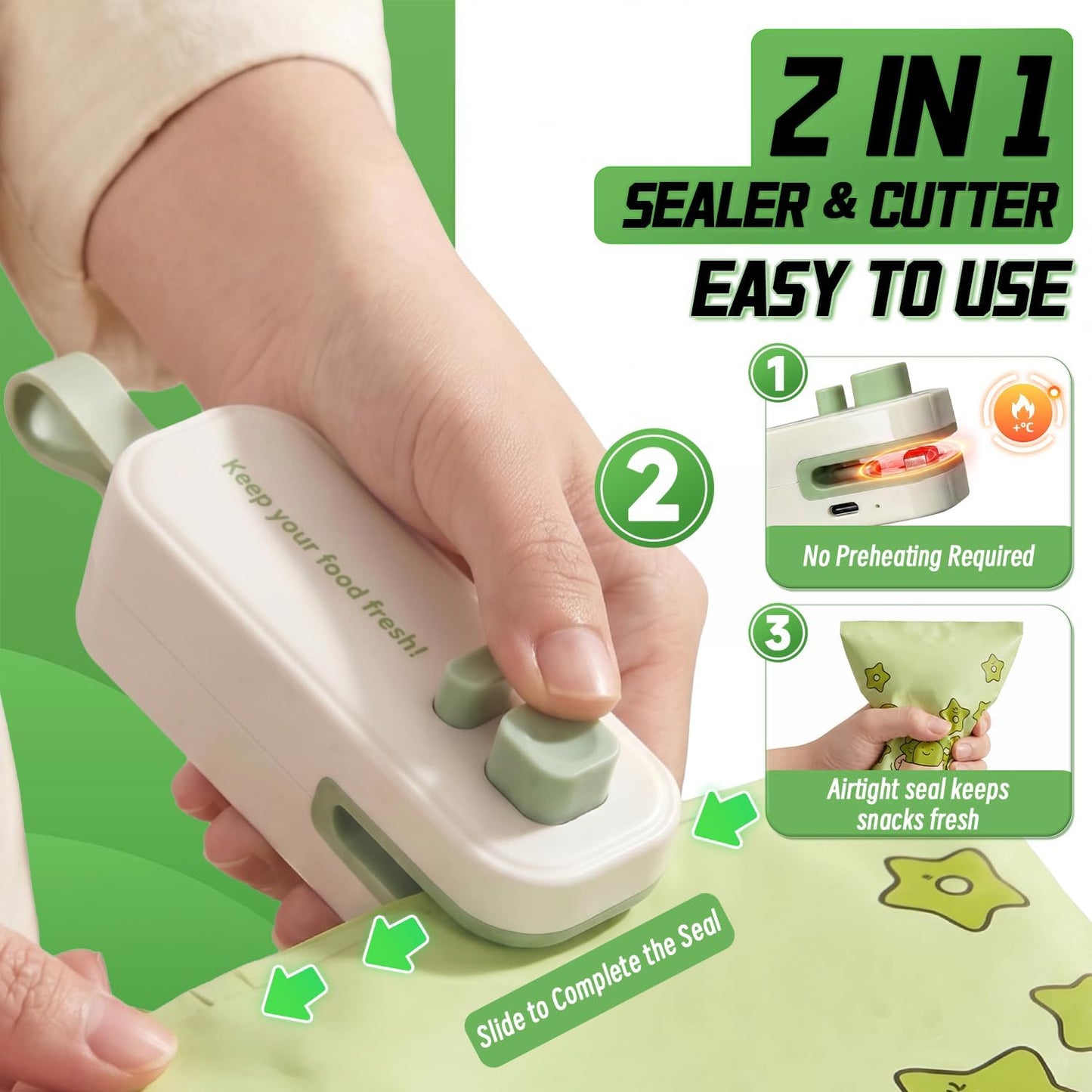 2 in 1 Mini Bag Sealer, Rechargeable Heat Sealer with Cutter and Magnet, Portable Chip Bag Resealer for Food Storage Snacks Freshness (Green)