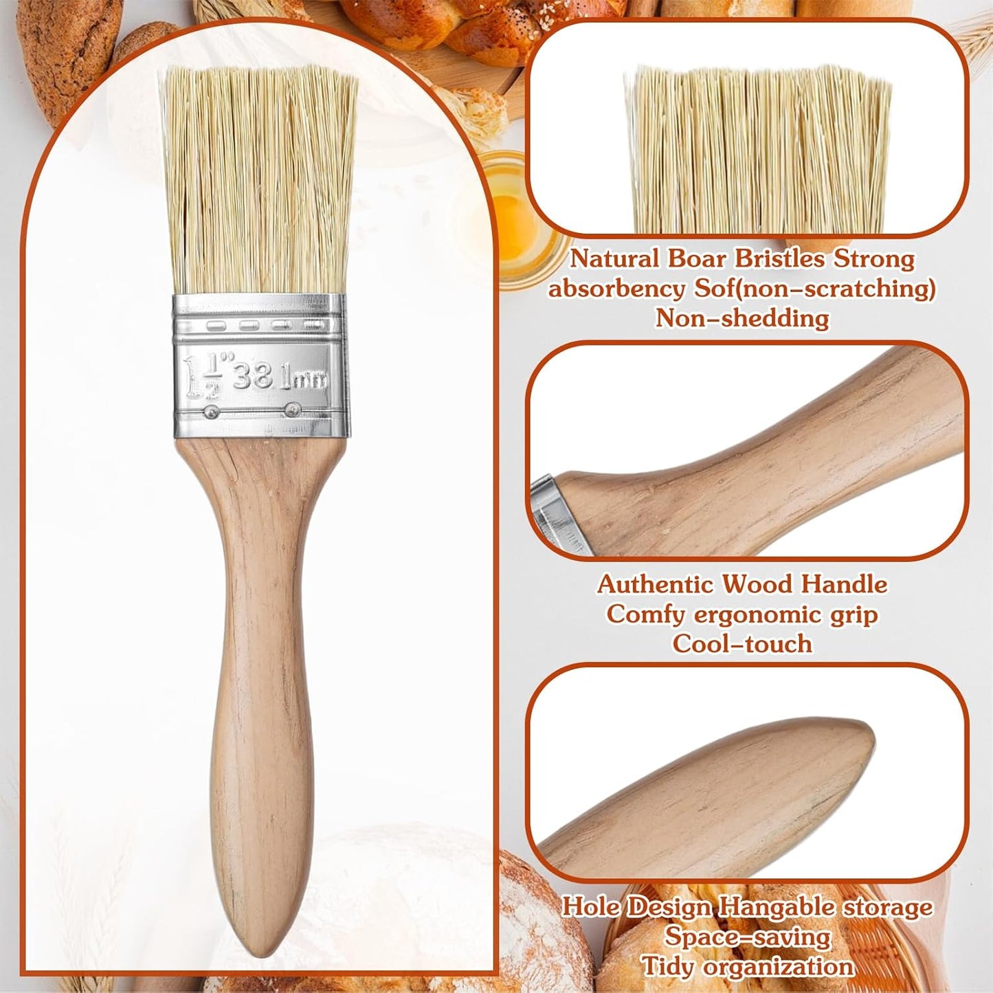 3 Pcs Pastry Brush Basting Brush BBQ Brushes Boar Bristles Wooden Handle Brushes for Applying Marinades, Sauces, Oils, Egg and Baking (1 Inch, 1 1/2 Inch)