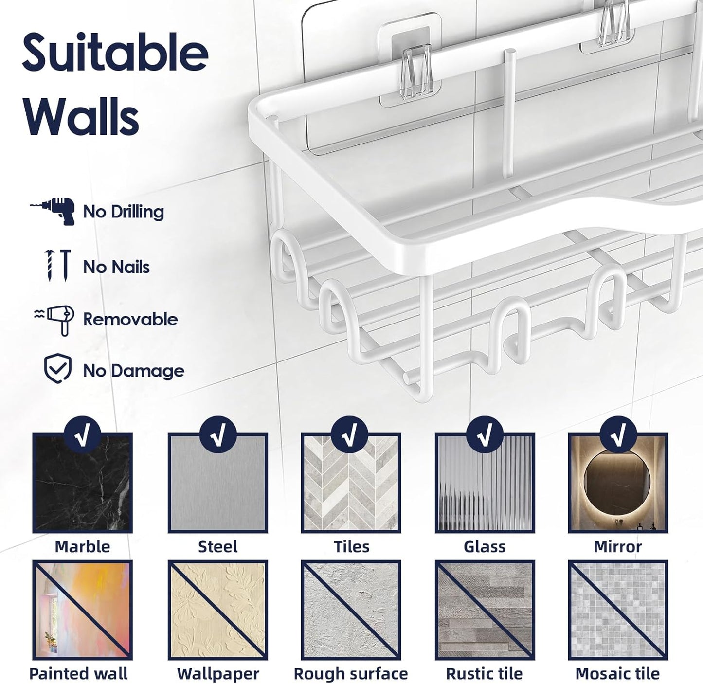 NESOMI Shower Caddy Adhesive Shower Organizer 7-Pack, Rustproof Stainless Steel Bathroom Shelves, Large Capacity No-Drill Rack Storage Accessories with Soap Dish Toothbrush Holder &24 Hooks Home Decor