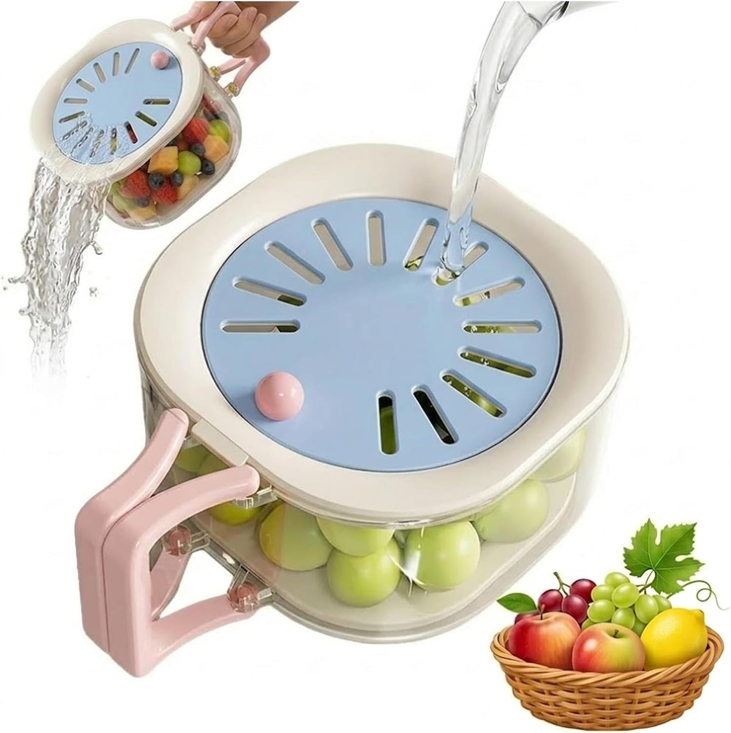 2-in-1 Fruit Washing Bowl with Strainer & Lid, Berry Container for Fridge, Plastic Produce Saver Drain Basket with Handle, Fruit Storage Container & Colander Bowl for Berries, Grapes, Lettuce