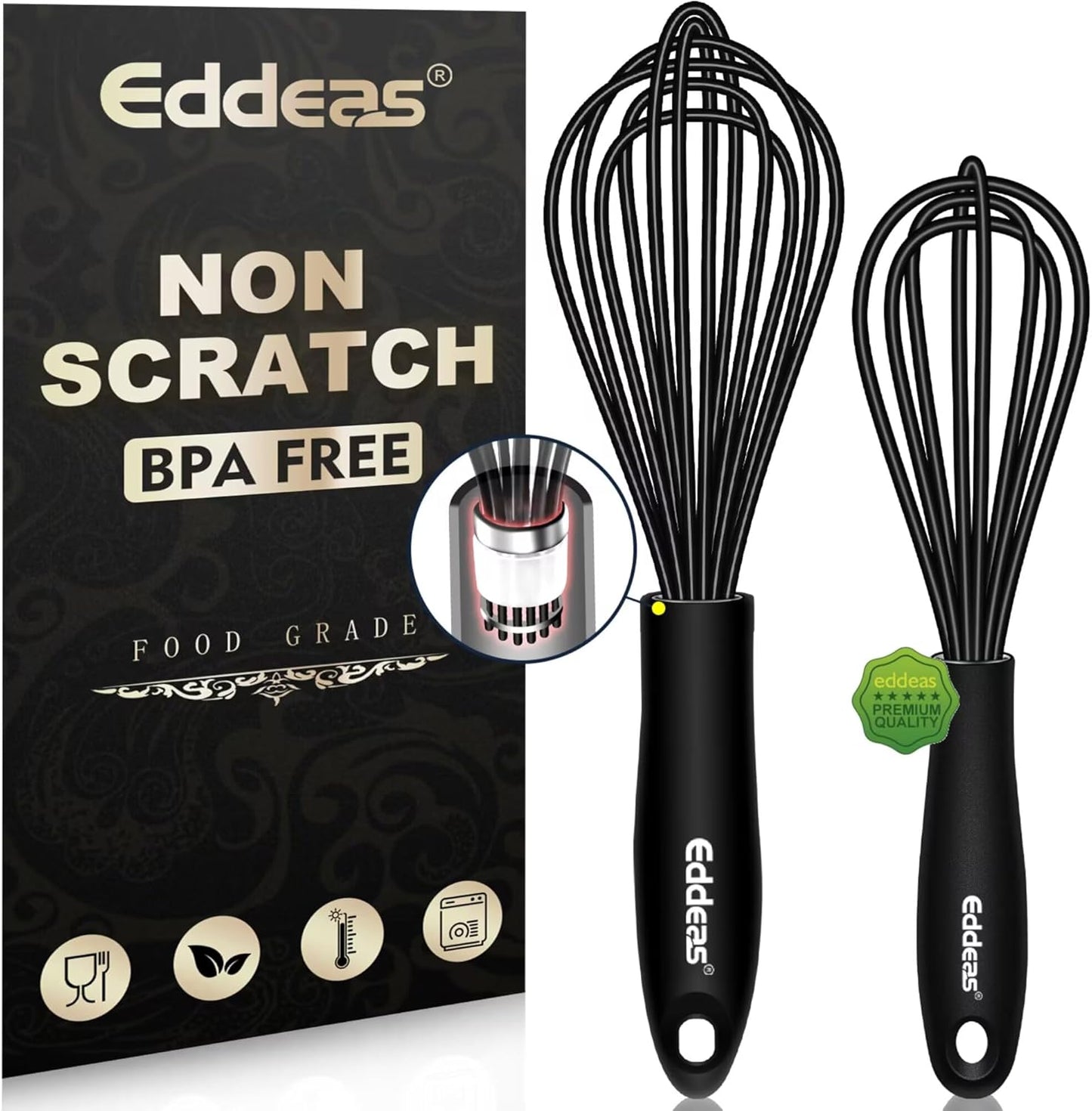 Whisks For Cooking - 500 °F Heat Resistant Silicone Whisk, Heavy Duty 7",9"&11inch Non-Scratch Balloon Kitchen Wisk tool Set, for cooking Wisking, Blending, Beating, Stirring, 3 Piece Black