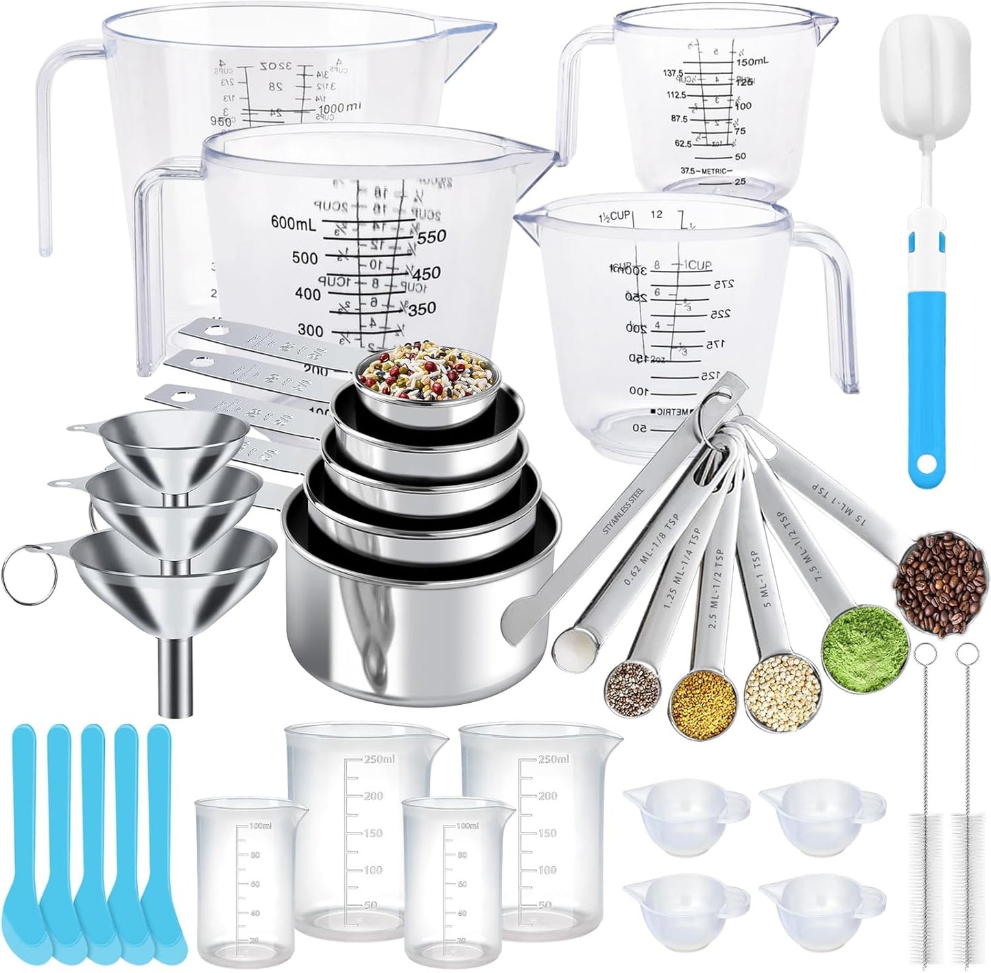 Measuring Cups and Spoons Set 22 Piece, 11 Stainless Steel Nesting Measuring Spoons and Cups with 4 Plastic Measuring Cup, 3 Funnel, 3 Brush, 1 Ruler, Measuring Cup Set for Kitchen Baking Liquid Dry