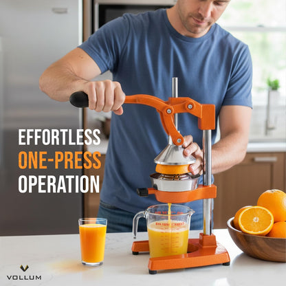 Vollum Hand Press Manual Citrus Juicer - citrus squeezer Commercial Grade Home Orange juice Squeezer for Oranges, Lemons, Limes - Stainless Steel and Cast Iron Non-skid Suction Cup Base- 15 Inch, Gray