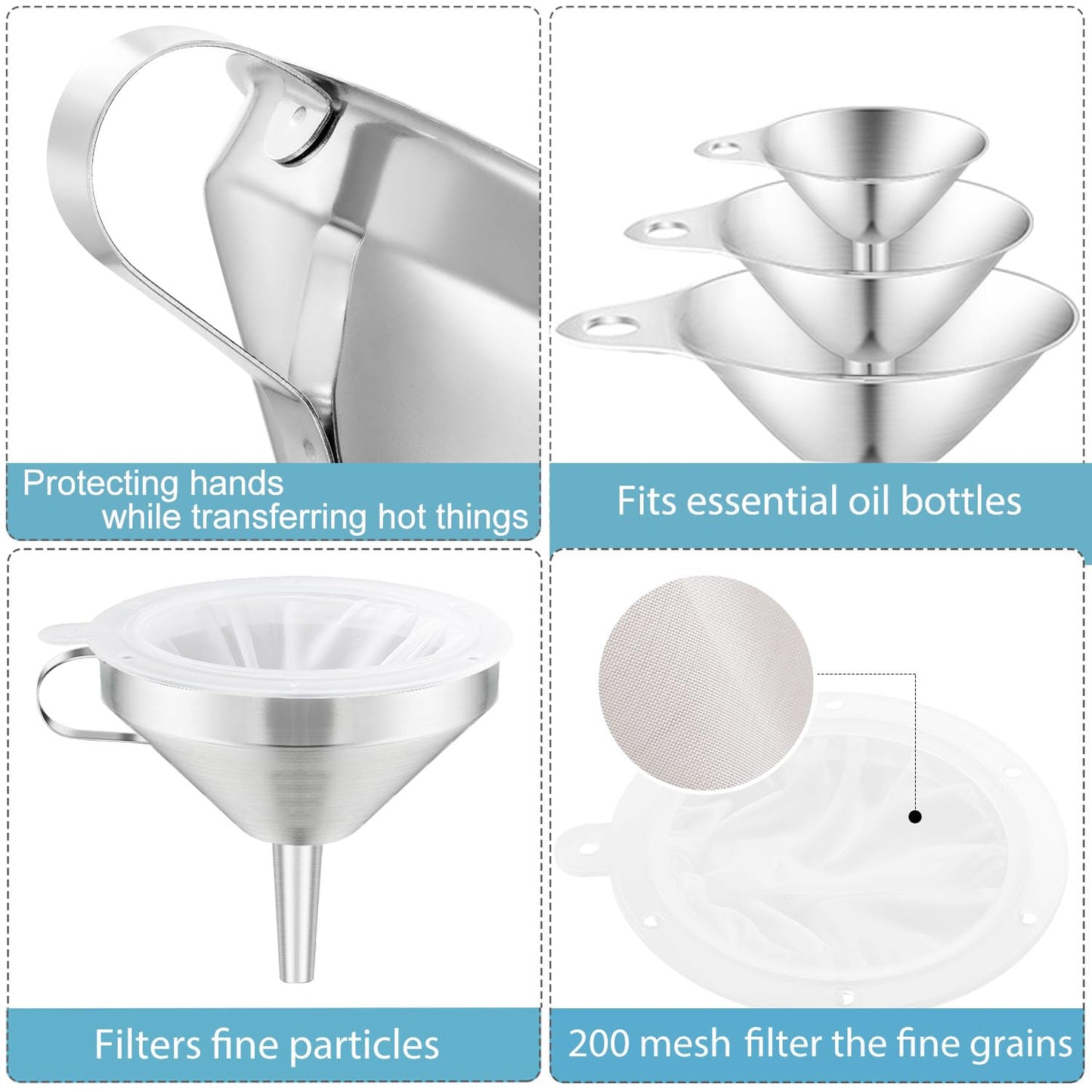Toncoo 3 Pack Stainless Steel Funnels for Kitchen Use, Food Grade Cooking Funnel with 3 Strainer, Kitchen Funnel Set Metal Funnels for Filling Bottles