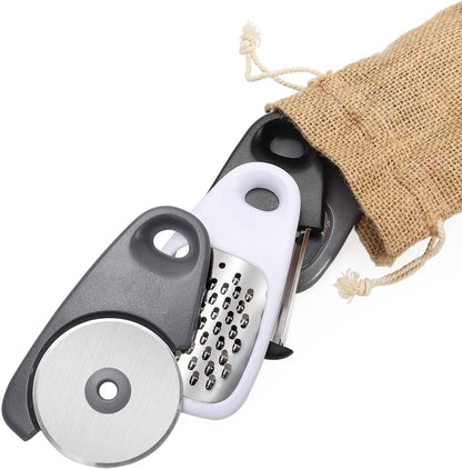 Kitchen Gadgets Set 5 Pieces, Space Saving Cooking Tools Kitchen Accessories - Fruit/Vegetable Peeler, Cheese/Chocolate Grater, Bottle Opener, Pizza Cutter, Garlic/Ginger Grinder Gift Set (Black)
