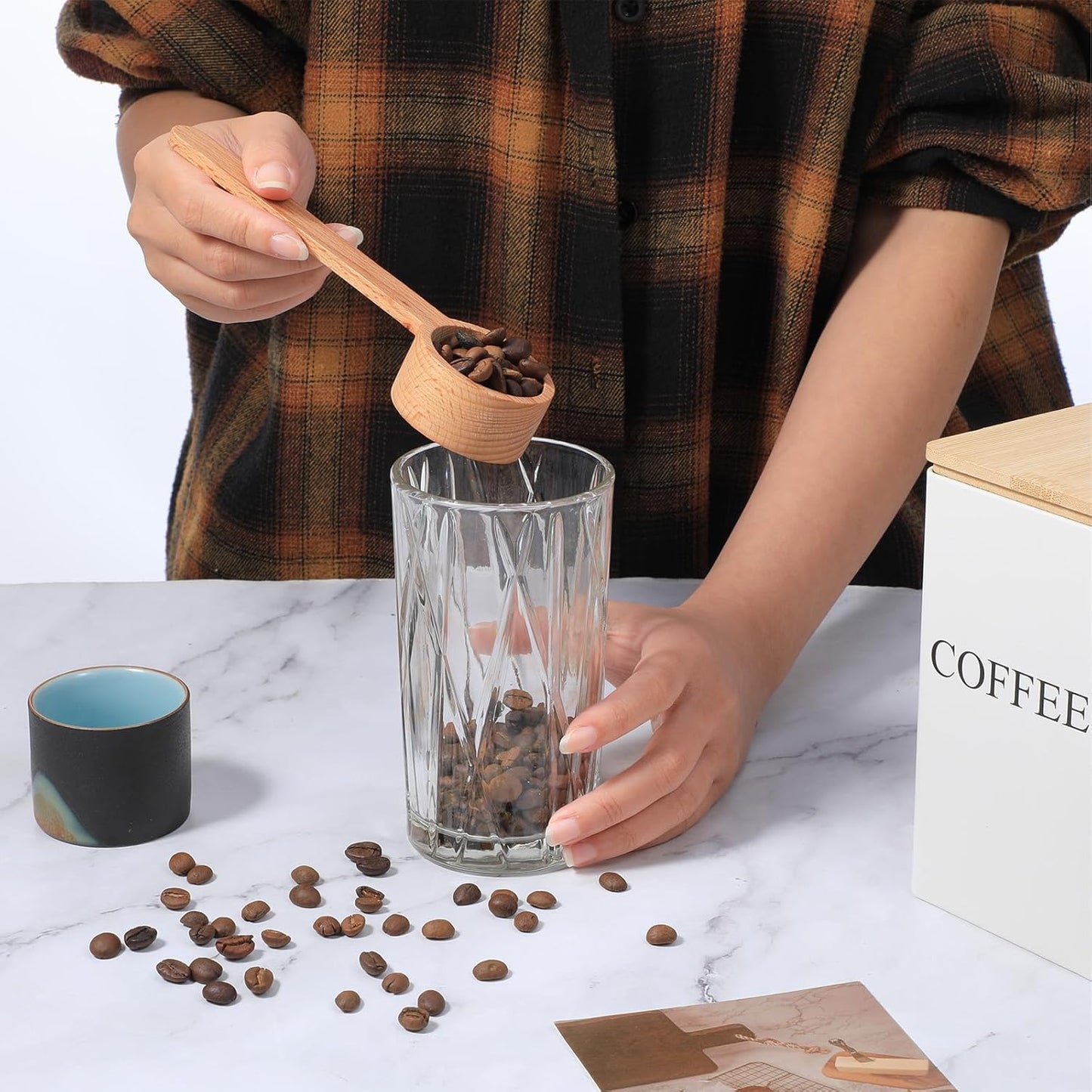 Wooden Coffee Spoon, Long Handle Wooden Tablespoon Scoop 6.49 Inch Wooden Coffee Ground Spoon Food Jar Scoops for Deep Jars and Containers, Ground Beans or Tea, Kitchen Tools Utensils