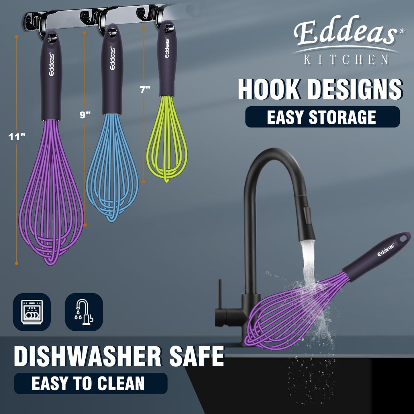 Whisks For Cooking - 500 °F Heat Resistant Silicone Whisk, Heavy Duty 7",9"&11inch Non-Scratch Balloon Kitchen Wisk tool Set, for cooking Wisking, Blending, Beating, Stirring, 3 Piece Black
