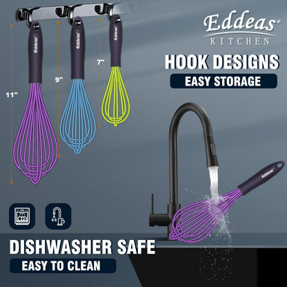 Whisks For Cooking - 500 °F Heat Resistant Silicone Whisk, Heavy Duty 7",9"&11inch Non-Scratch Balloon Kitchen Wisk tool Set, for cooking Wisking, Blending, Beating, Stirring, 3 Piece Black