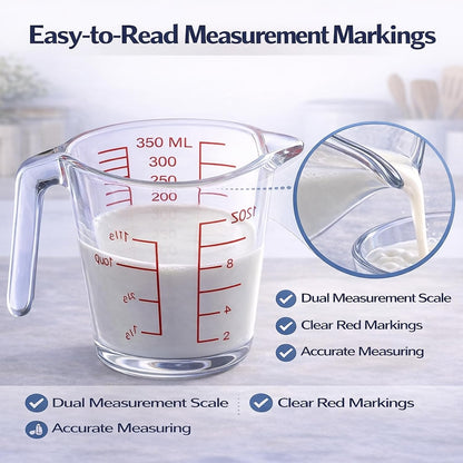 Glass Measuring Cup with Red Measurement Markings, Clear Kitchen Liquid Measuring Cup with Handle and Pour Spout, 350ml Heat-Resistant Glass Measuring Cup for Cooking, Baking and Mixing