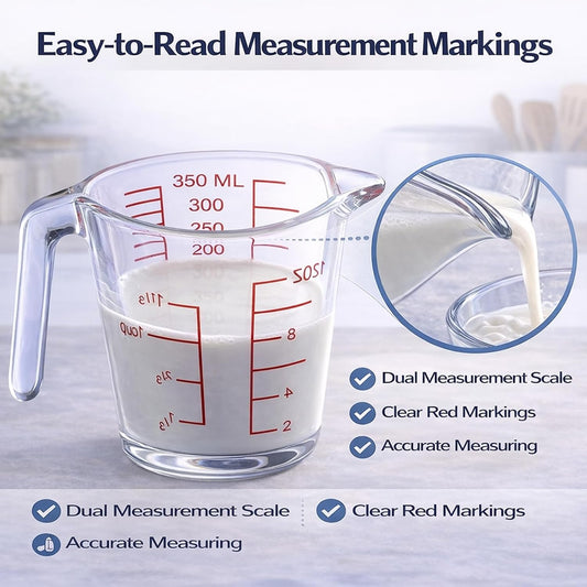 Glass Measuring Cup with Red Measurement Markings, Clear Kitchen Liquid Measuring Cup with Handle and Pour Spout, 350ml Heat-Resistant Glass Measuring Cup for Cooking, Baking and Mixing