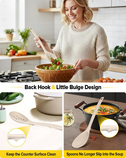 Pack of 4 Silicone Cooking Utensils Set, Non Stick Solid Spatulas and Heat Resistant Slotted Spoons with Back Hooks, Ideal BPA Free Kitchen Utensils Set for Frying,Serving,Turning,Stirring(KHAKI)