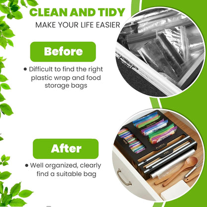 6-in-1 Ziplock Bag Organizer & Plastic Wrap Dispenser with Cutter, Kitchen Drawer Organizer for Food Storage Bags, Foil, Plastic Wrap, Parchment Paper Bamboo Bag Organizer