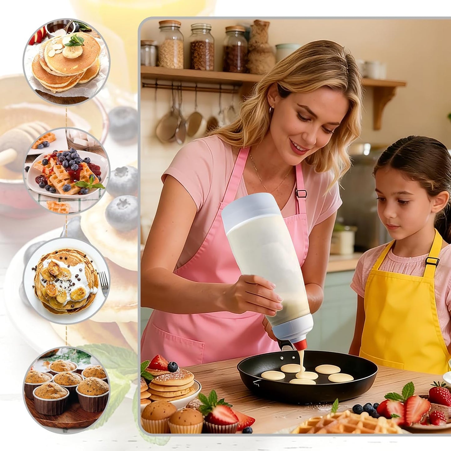 Pancake Batter Dispenser with Wire Whisk, BlenderBall, Silicone Spatula and Brush, Cleaning Brush, 1000 ML Large Capacity Leak-Proof Design for Pancakes Waffles Muffins and Crepes