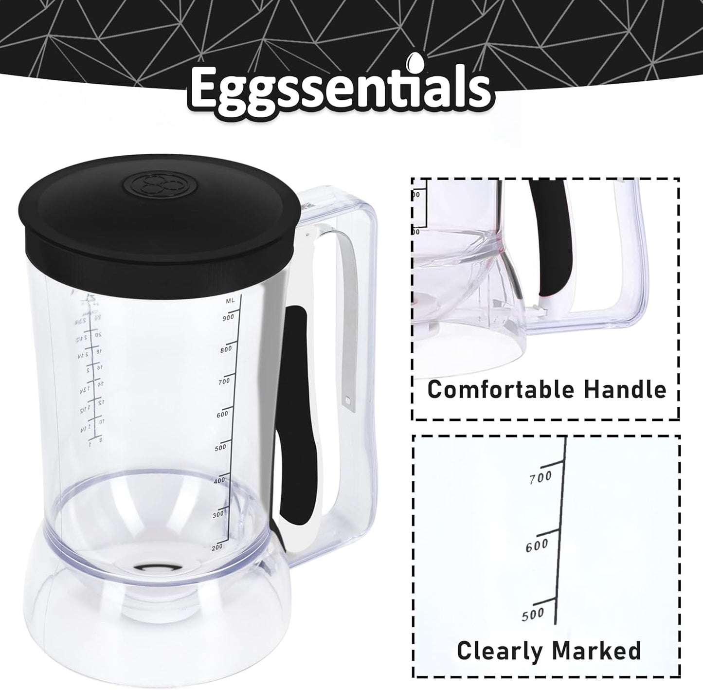 Eggssentials - Pancake Batter Dispenser with 5-Cup Capacity - Waffle Batter Dispenser for Pancakes, Cupcakes & Crepes, Easy-Squeeze Handle, Dishwasher Safe - Black Pancake Dispenser