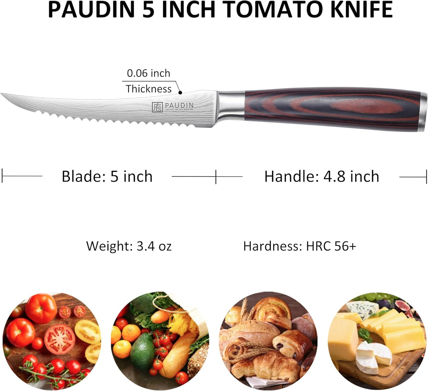 PAUDIN Tomato Knife, 5 inch Serrated Tomato Knives with Sheath, High Carbon Stainless Steel Tomato Slicer Knife for Smooth Cutting Slicing Vegetables and Fruits