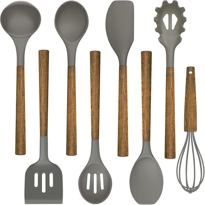 Silicone Cooking Utensil Set, Umite Chef 8-Piece Kitchen Utensils Set with Natural Acacia Wooden Handles,Food-Grade-Silicone Kitchen Gadgets Spatulas Set for Nonstick Cookware- Black